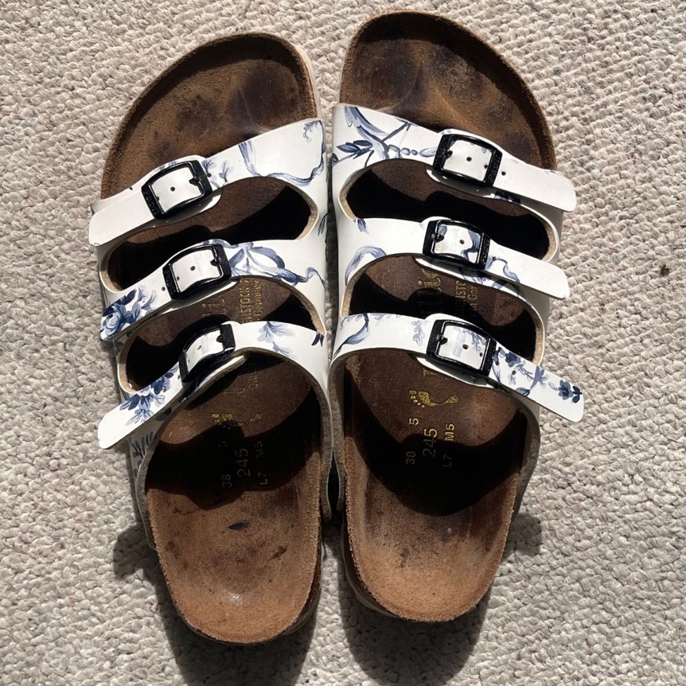 Papillon By Birkenstock White Floral 3-Strap Buckle Sandal Size Us 7 Eu 38